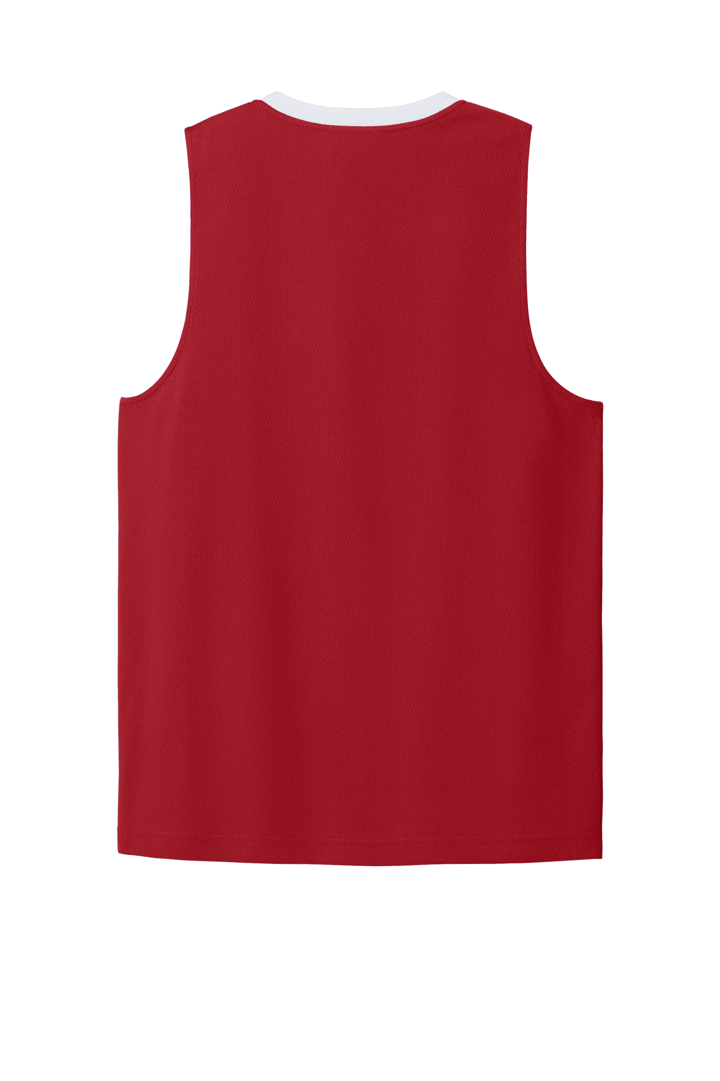 Red and white breathable Sport-Tek basketball jersey with customizable name and number, designed for team play.