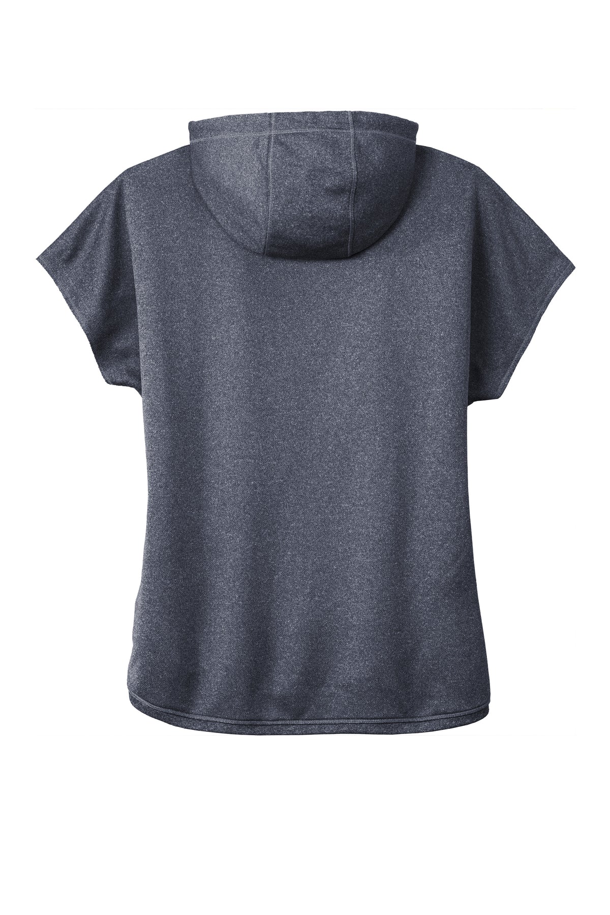 New Era women's performance terry short sleeve hoodie in true navy heather, shown flat back view with casual fit and soft fabric.