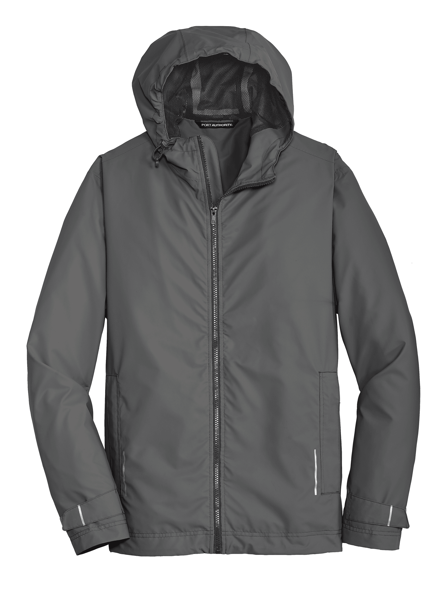Port Authority waterproof rain jacket in grey with a printed design, showcasing a customizable and plain options for outdoor wear.