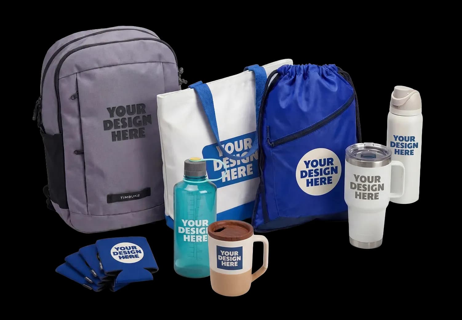 Branded bags and drinkware arranged together