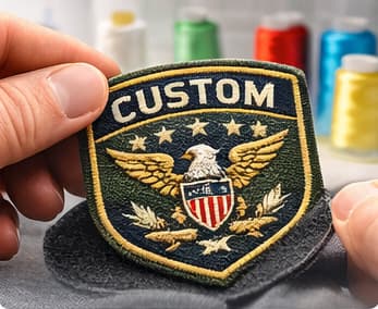 A finished embroidered patch held over a garment