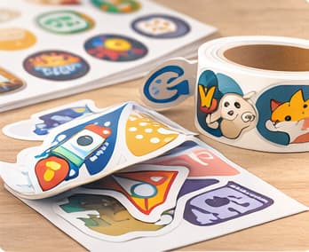 Die-cut custom stickers and a printed sticker roll