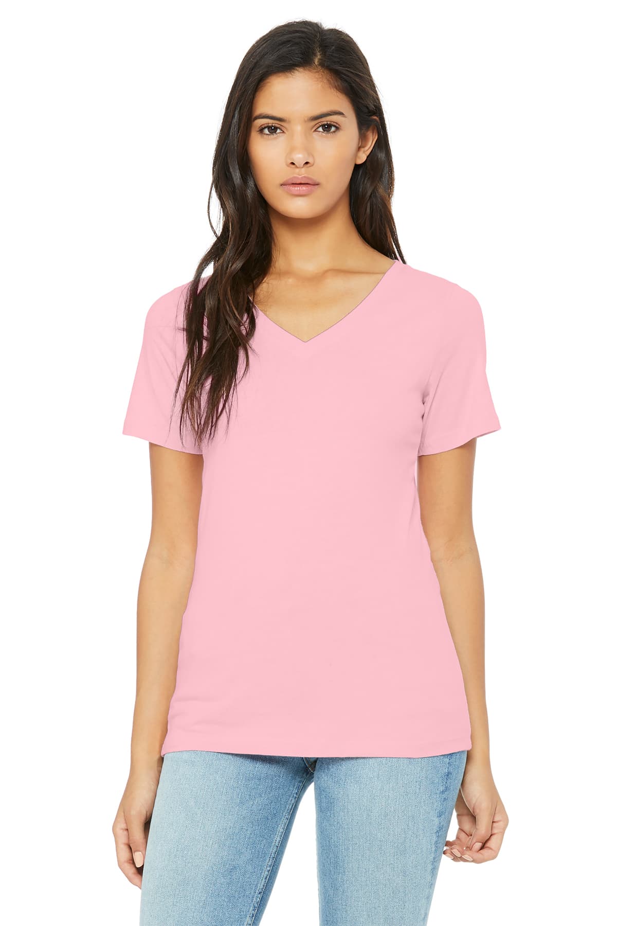 BELLA+CANVAS 6405 Women’s Relaxed Jersey Short Sleeve V-Neck Tee in Pink