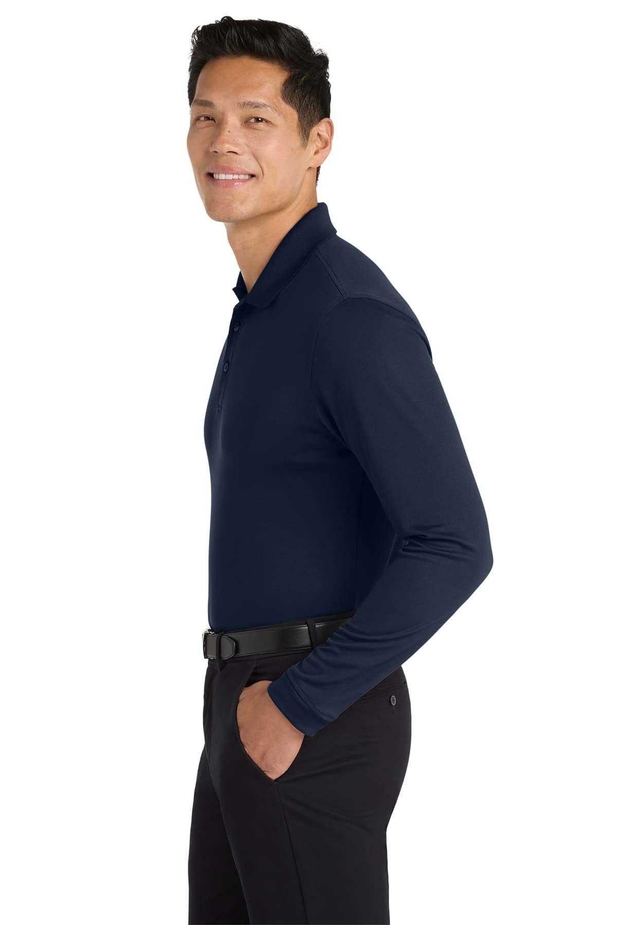Port Authority K110LS Dry Zone UV Micro-Mesh Long Sleeve Polo in River Blue Navy — view 3