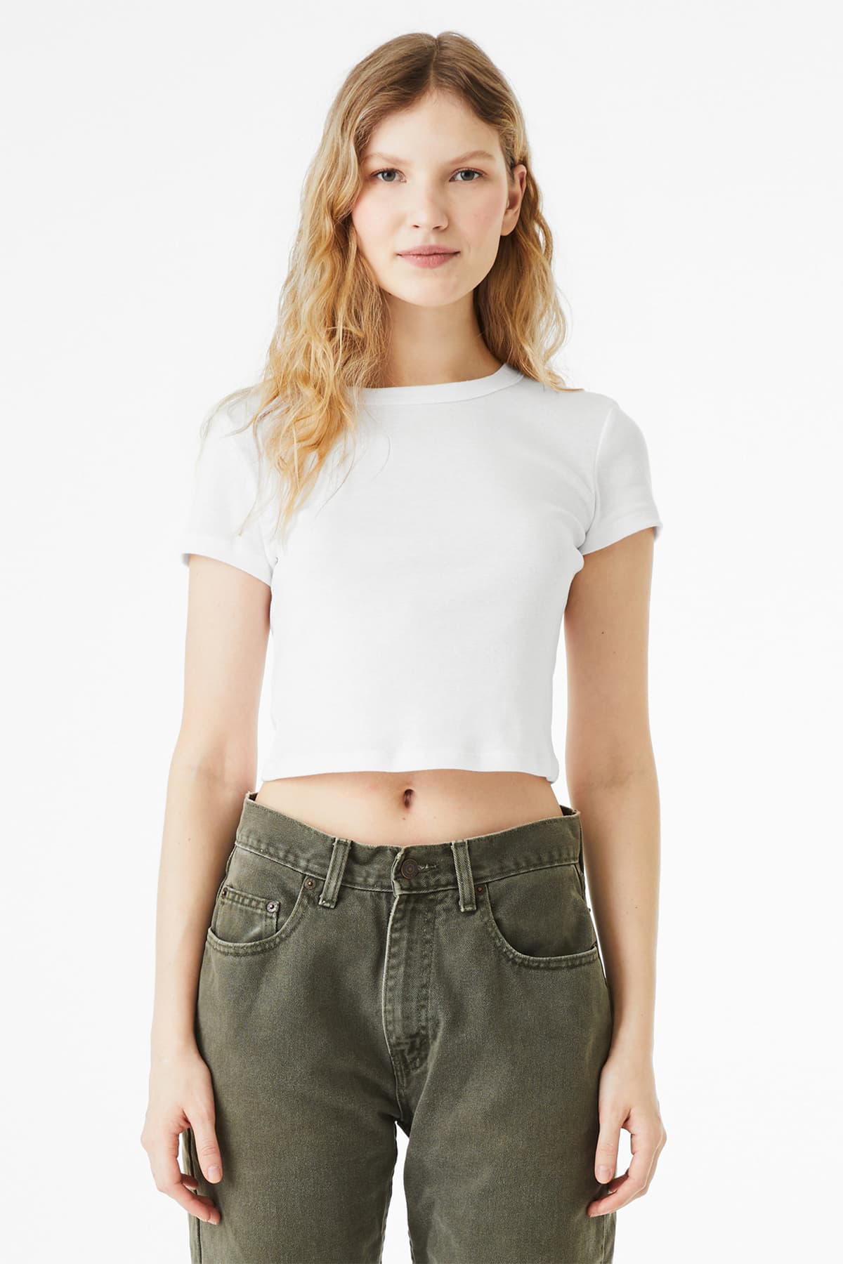 BELLA+CANVAS 1010 Women’s Micro Rib Baby Tee in Solid White Blend
