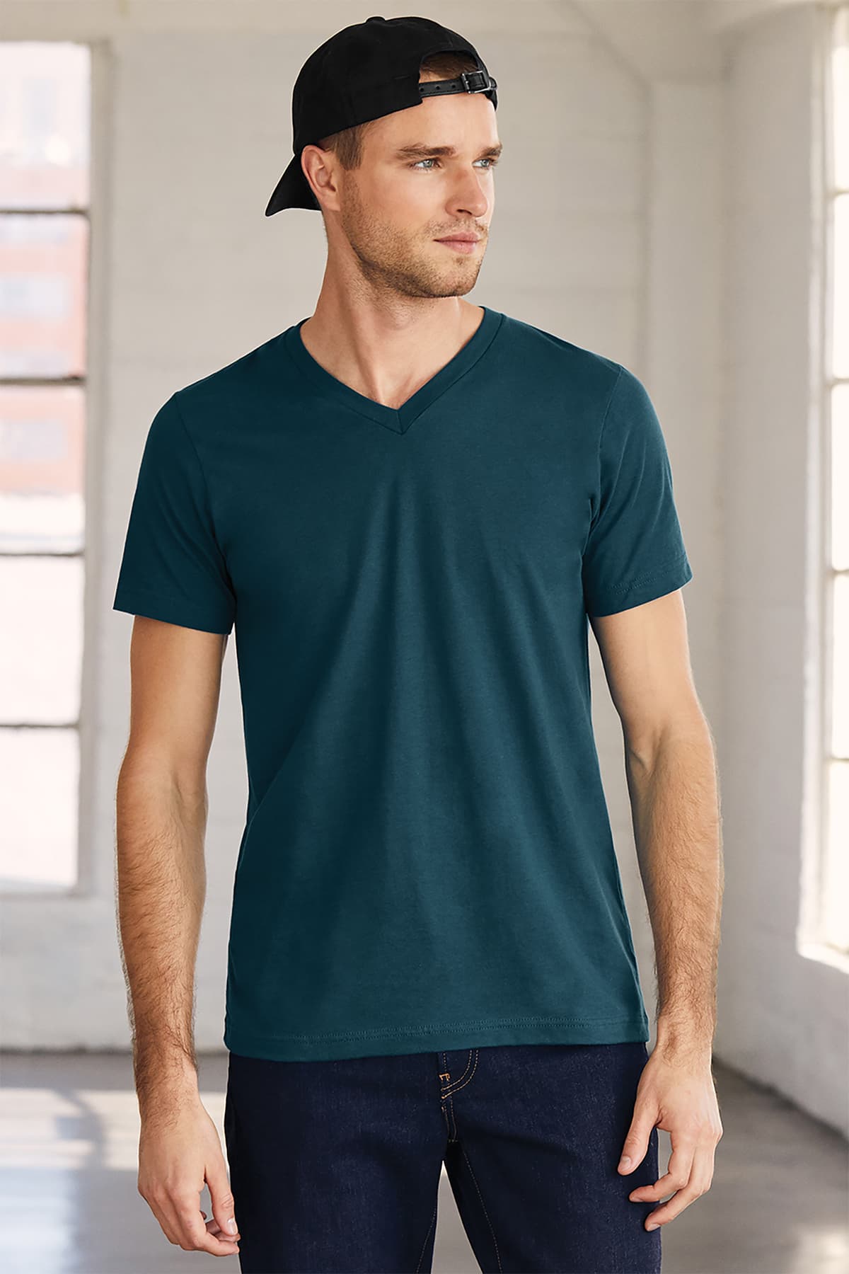BELLA+CANVAS 3005 Unisex Jersey Short Sleeve V-Neck Tee in Navy — view 6