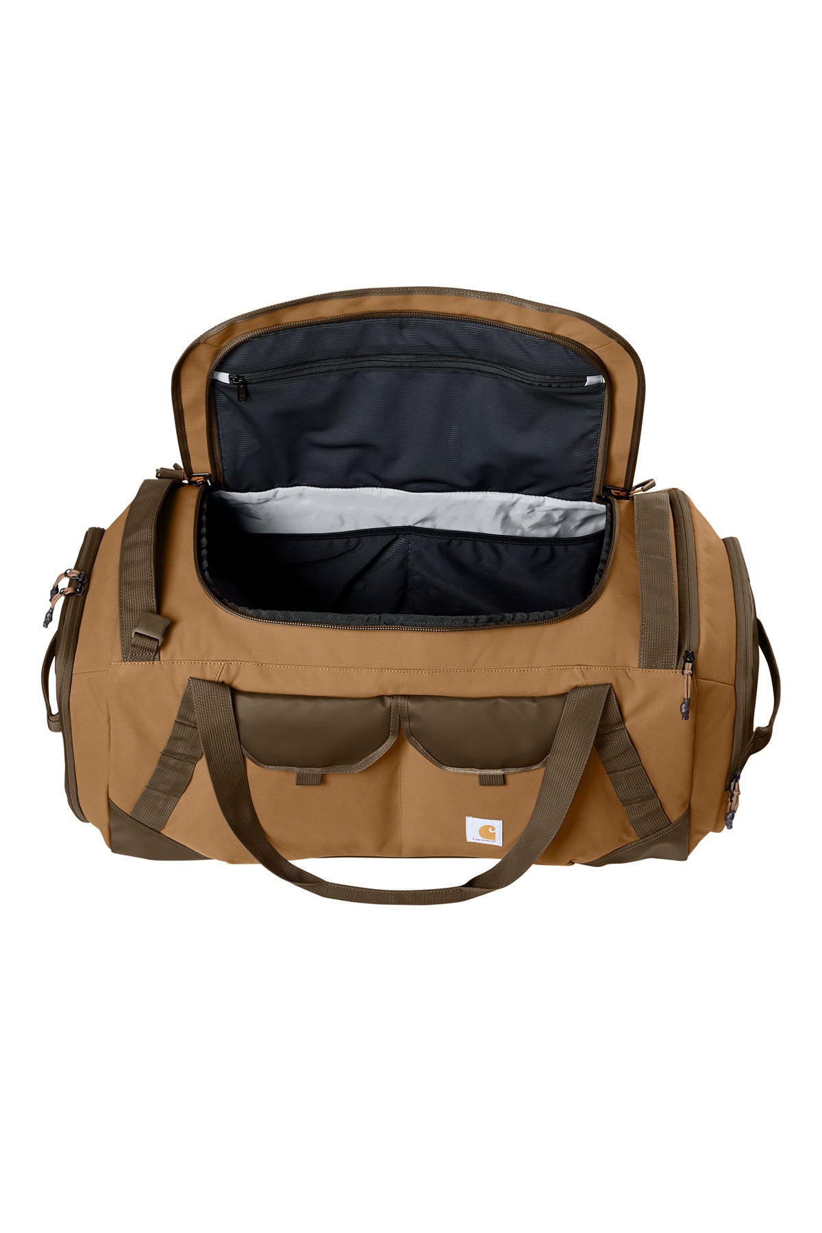 Black Carhartt® 75L Heavy Haul Duffel bag with sturdy handles and zipper closure, designed for durable travel and gear storage.