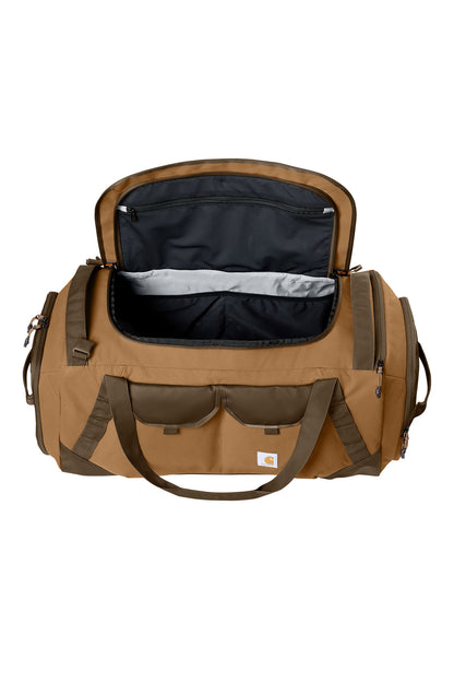 Black Carhartt® 75L Heavy Haul Duffel bag with sturdy handles and zipper closure, designed for durable travel and gear storage.