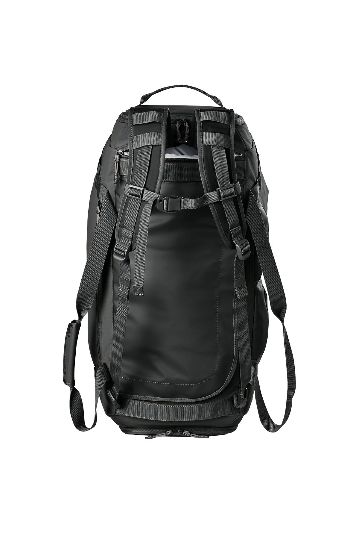 Black Carhartt Heavy Haul 75L duffel bag with sturdy handles and durable fabric, shown from the front view.