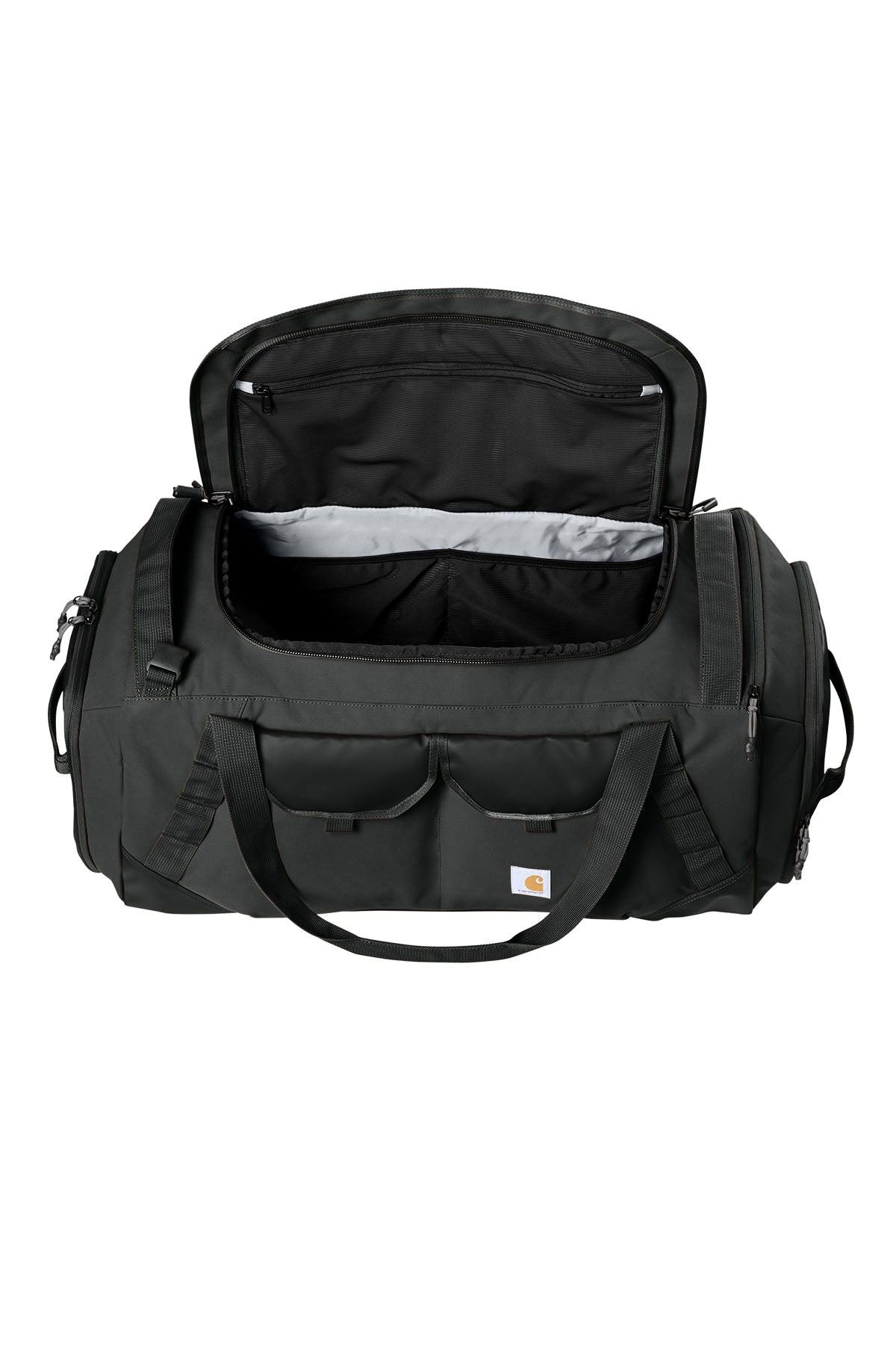Black Carhartt 75L Heavy Haul Duffel bag with sturdy handles and zip closure, designed for durable travel and heavy-duty use.