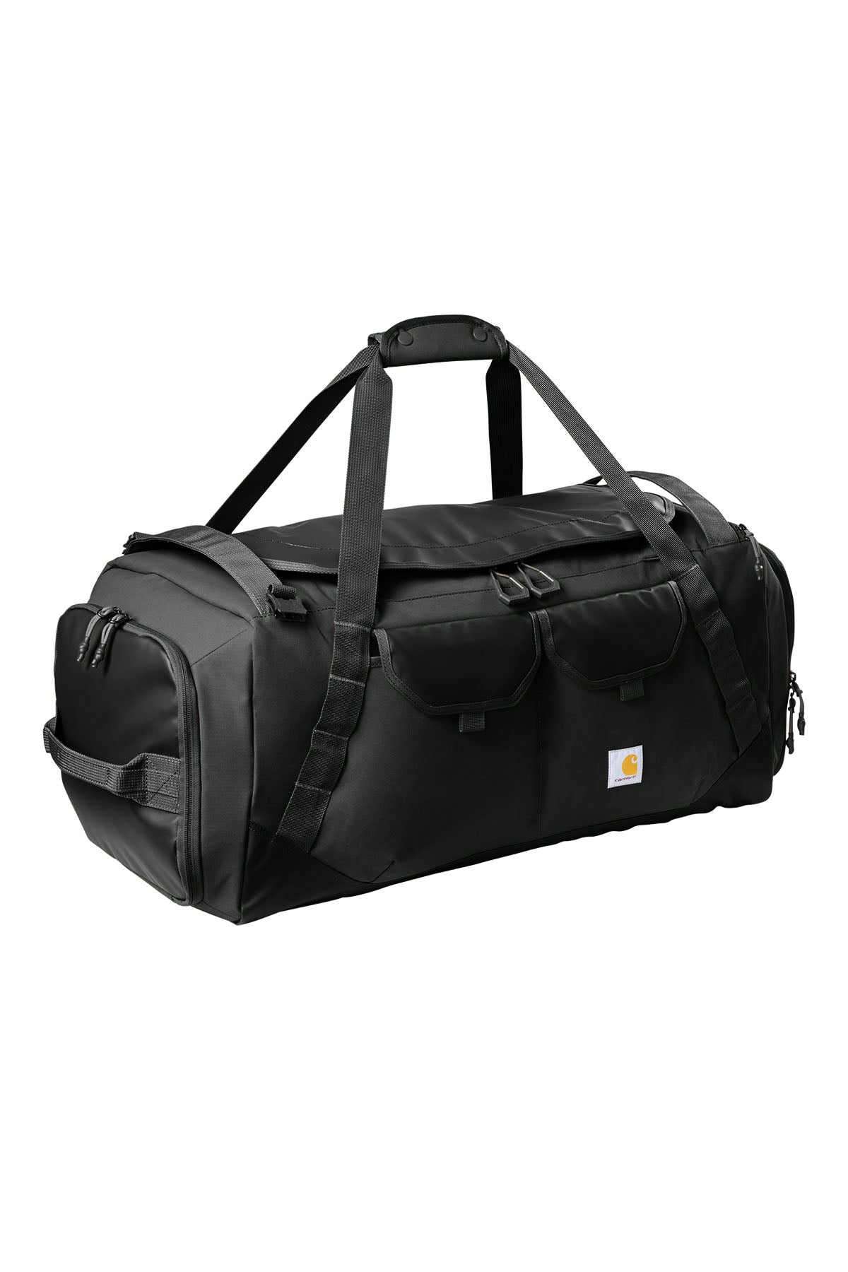 Black Carhartt® 75L Heavy Haul Duffel bag with sturdy handles, zipper closure, and spacious interior for travel or work gear.