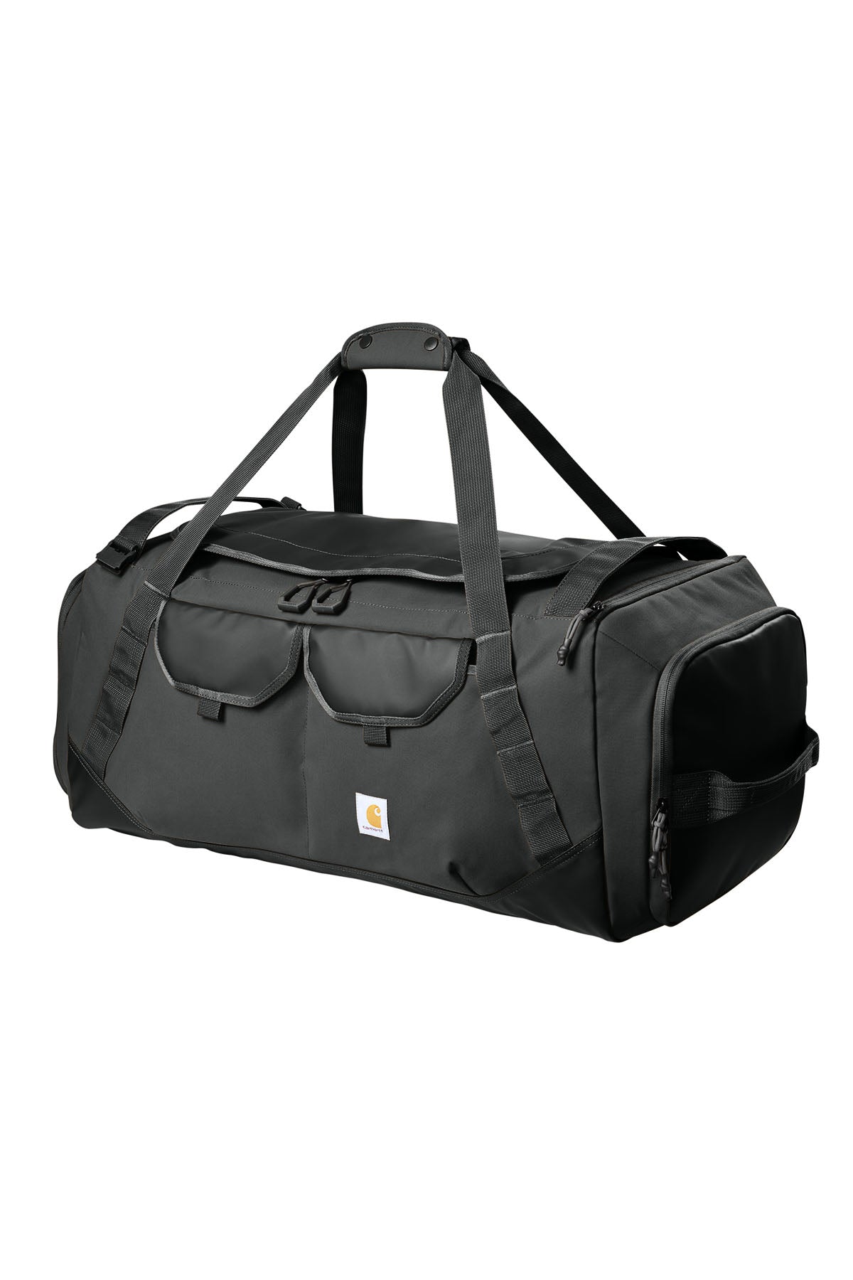 Black Carhartt heavy haul duffel bag with sturdy handles and spacious 75L capacity, shown from the front view.