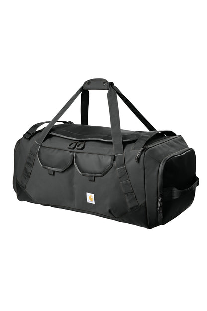 Black Carhartt heavy haul duffel bag with sturdy handles and spacious 75L capacity, shown from the front view.