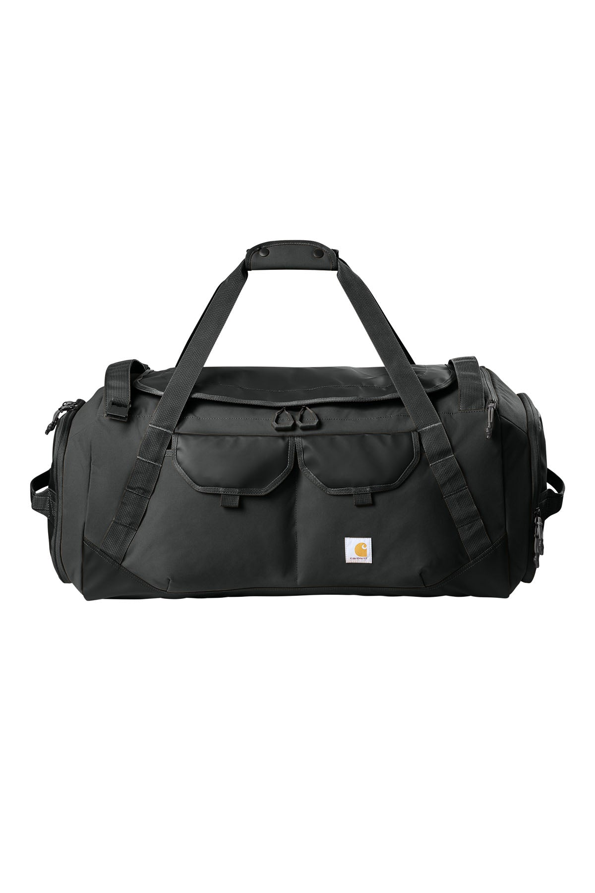 Black Carhartt heavy haul duffel bag with sturdy handles and zipper closure, front view showing spacious design and durable material.