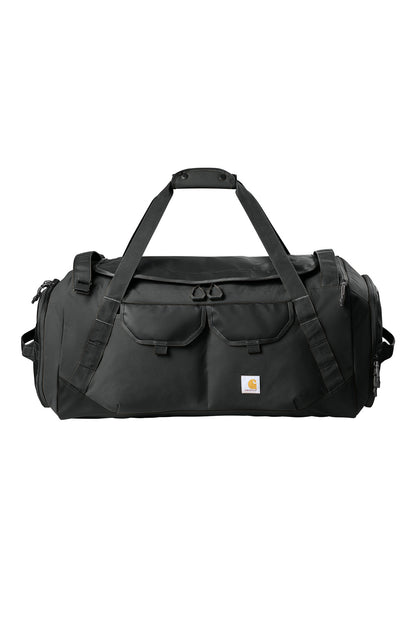 Black Carhartt heavy haul duffel bag with sturdy handles and zipper closure, front view showing spacious design and durable material.