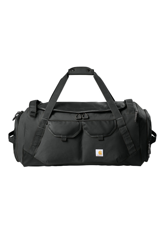 Black Carhartt heavy haul duffel bag with sturdy handles and zipper closure, front view showing spacious design and durable material.