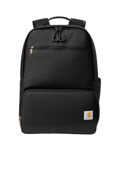 Black Carhartt two-compartment cooler backpack with adjustable straps and front pocket, ideal for outdoor and travel use.