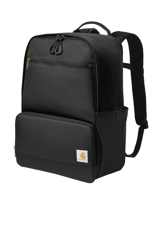 Black Carhartt two-compartment cooler backpack with padded shoulder straps and insulated interior for drinks and snacks.