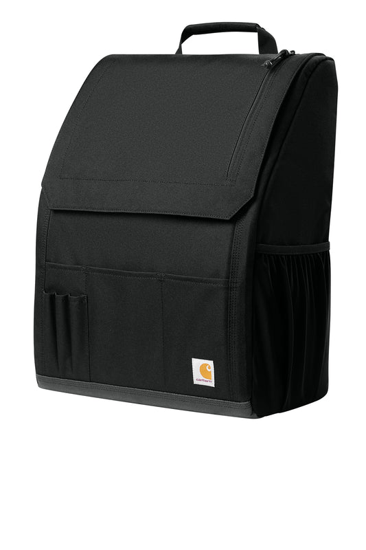 Black Carhartt® universal seat organizer backpack with multiple compartments and adjustable straps, designed for vehicle use.