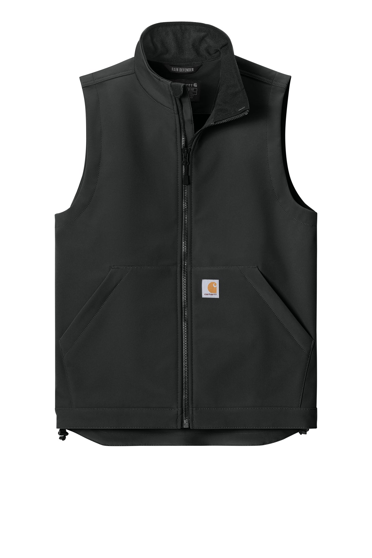 Black Carhartt Rain Defender Soft Shell Vest with a front zipper, designed for outdoor wear and weather resistance.