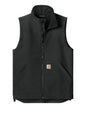 Black Carhartt Rain Defender Soft Shell Vest with a front zipper, designed for outdoor wear and weather resistance.