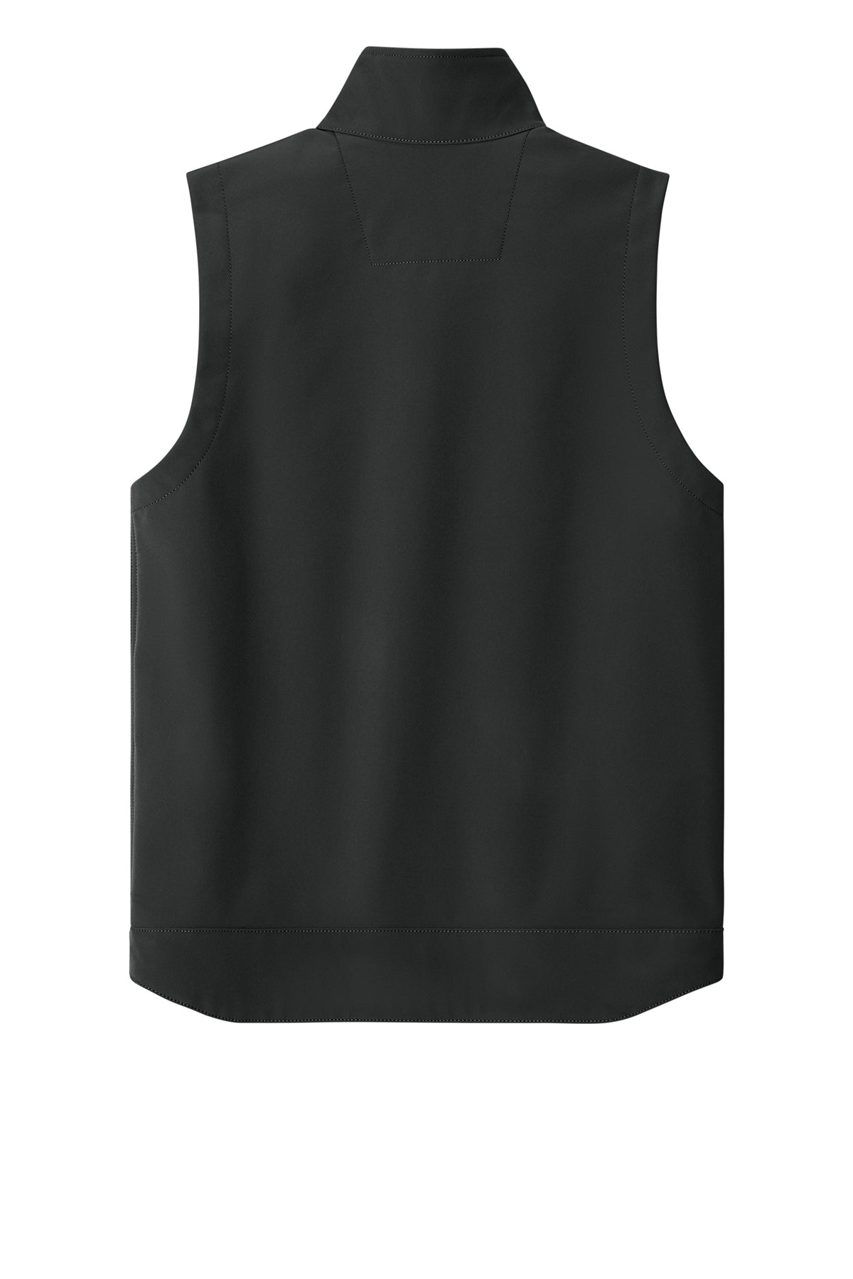Black Carhartt Rain Defender soft shell vest with front zipper and side pockets, designed for outdoor wear.