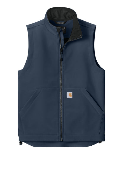 Carhartt Rain Defender soft shell vest in navy, featuring a sleek design and front zipper, ideal for layered outdoor wear.