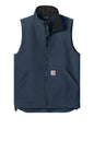 Carhartt Rain Defender soft shell vest in navy, featuring a sleek design and front zipper, ideal for layered outdoor wear.