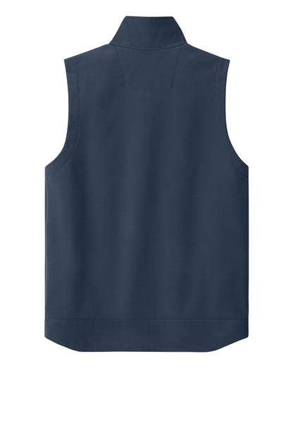 Carhartt Rain Defender soft shell vest in navy, lightweight vest with water-resistant fabric, front zip and side pockets.
