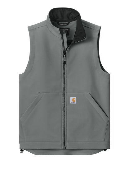 Carhartt Rain Defender soft shell vest in steel color, featuring a lightweight design with front pockets and durable water-resistant fabric.