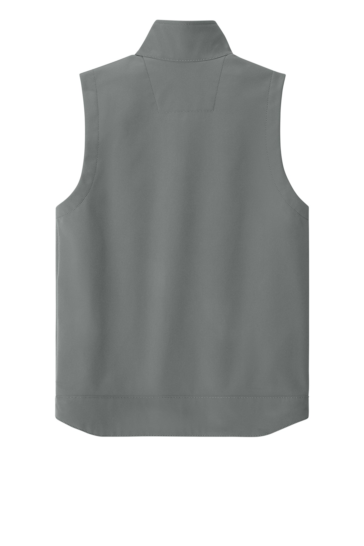 Carhartt Rain Defender soft shell vest in steel gray, featuring a full front zipper and multiple pockets for outdoor work.