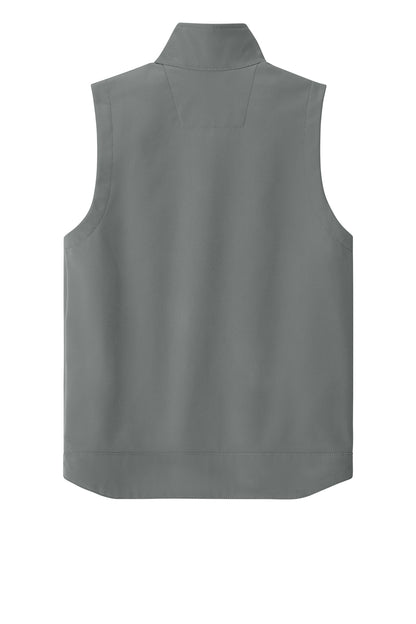 Carhartt Rain Defender soft shell vest in steel gray, featuring a full front zipper and multiple pockets for outdoor work.