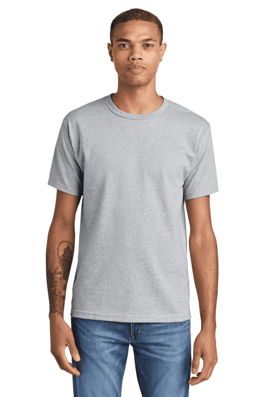 American Apparel heavyweight unisex short sleeve T-shirt in ash grey, front view showing classic crew neck and smooth fabric.
