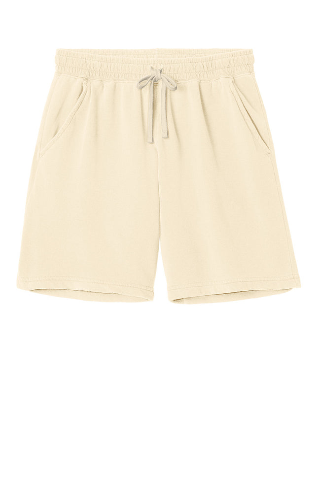 Comfort Colors lightweight sweatshort in Hydrangea paige  - front view with drawstring waist and side pockets