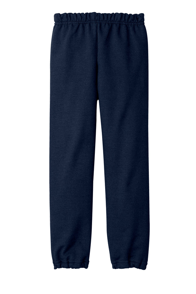 Gildan Youth Heavy Blend Sweatpant back view - navy flat- elastic cuffs and covered