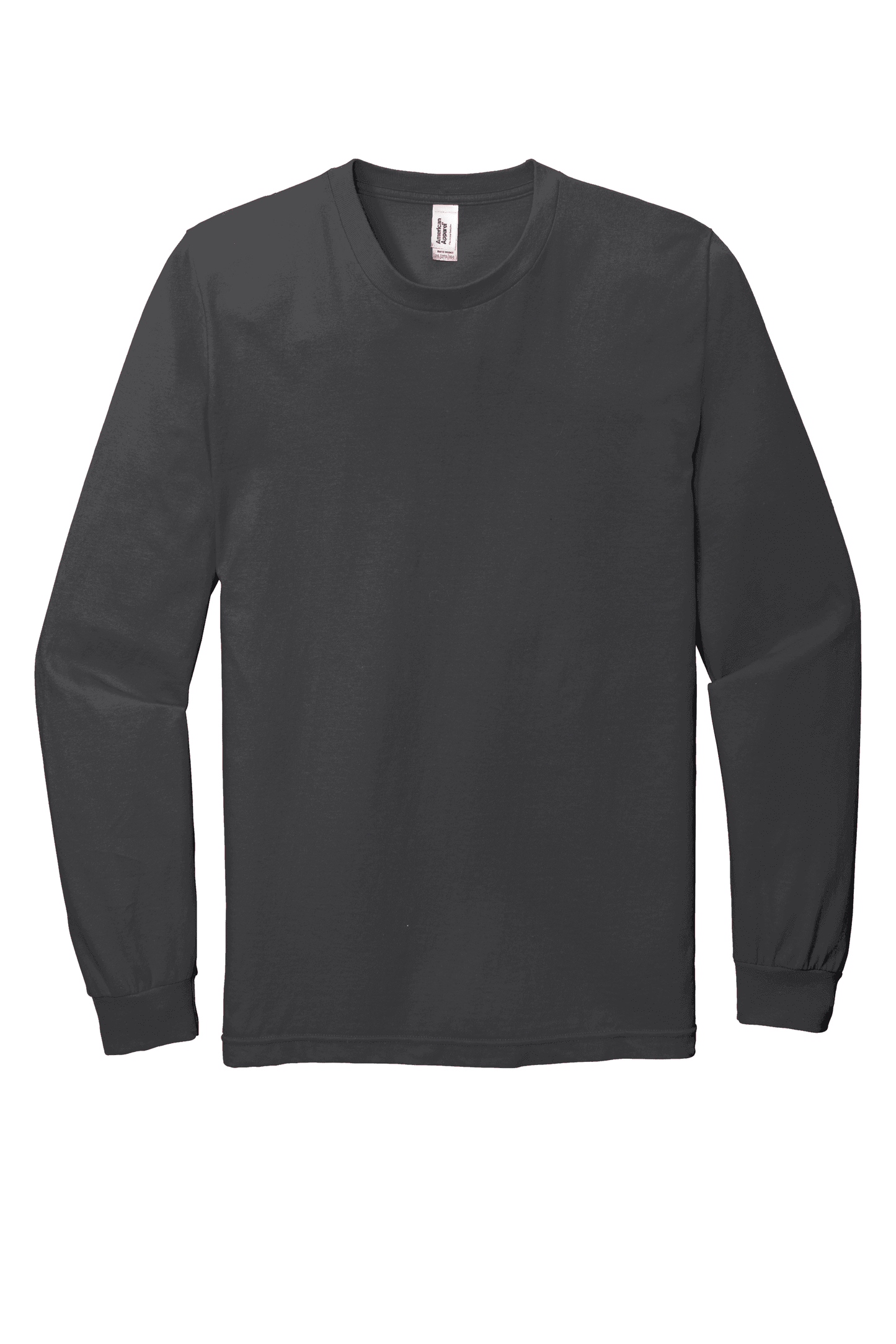American Apparel unisex long sleeve jersey T-shirt in asphalt color, front view showing smooth fabric and classic fit.