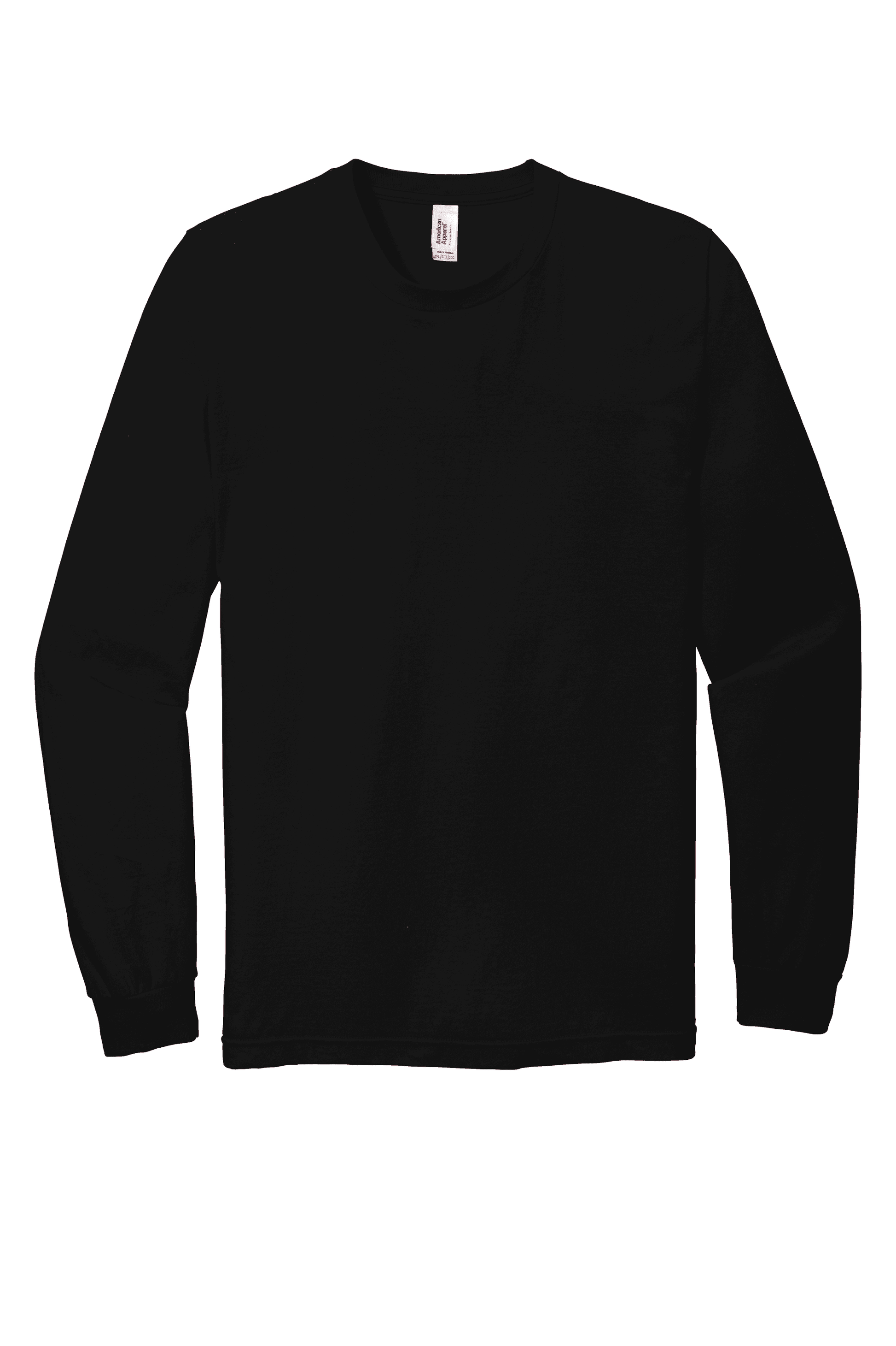 Black American Apparel® Fine Jersey unisex long sleeve T-shirt, flat front view, made from soft jersey fabric.