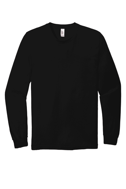 Black American Apparel® Fine Jersey unisex long sleeve T-shirt, flat front view, made from soft jersey fabric.