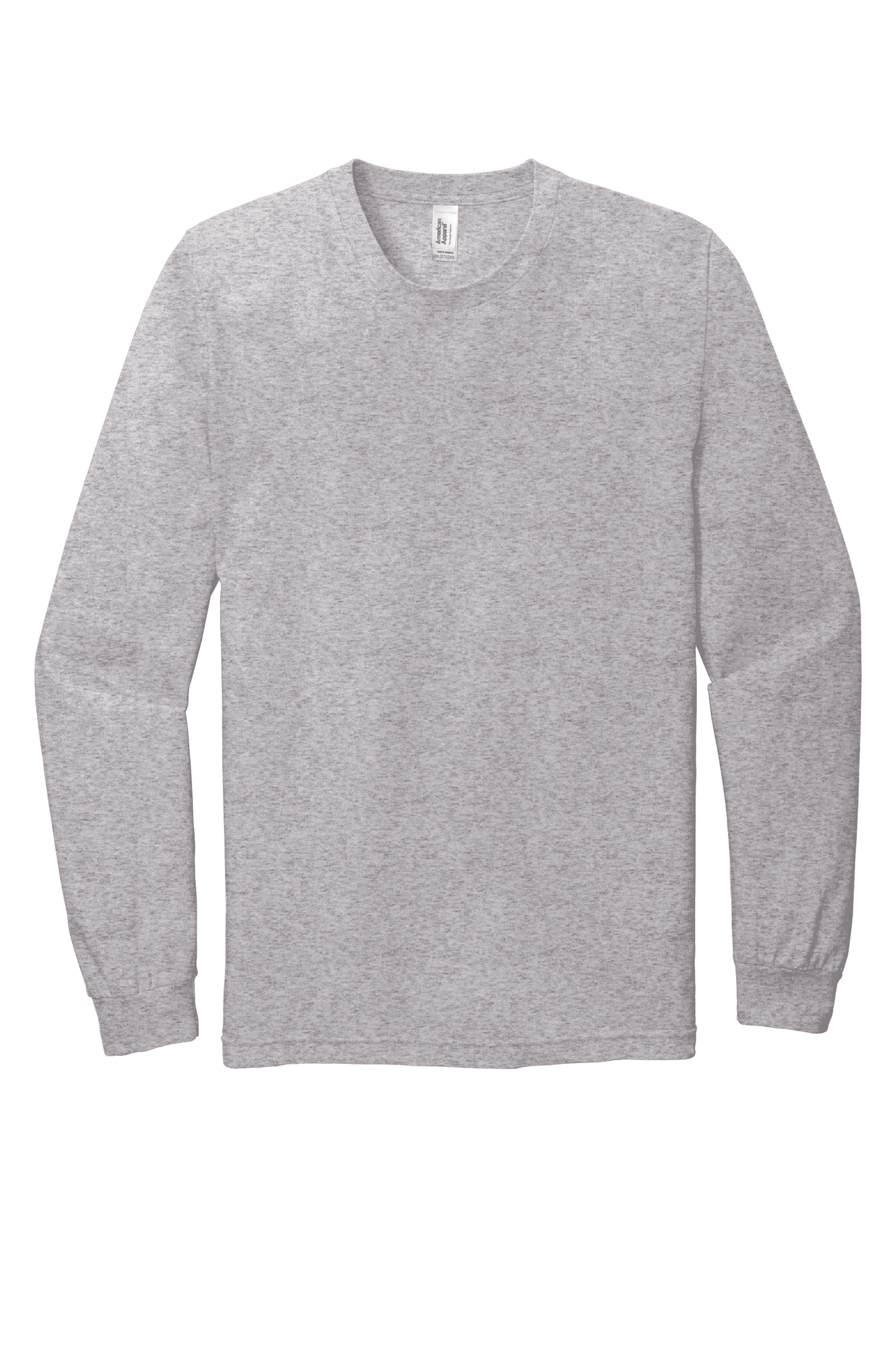American Apparel® unisex long sleeve T-shirt in Heather Grey, made from fine jersey fabric, flat front view.