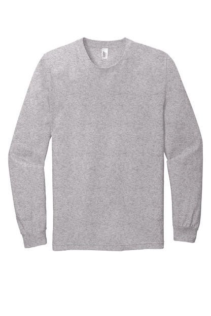 American Apparel® unisex long sleeve T-shirt in Heather Grey, made from fine jersey fabric, flat front view.