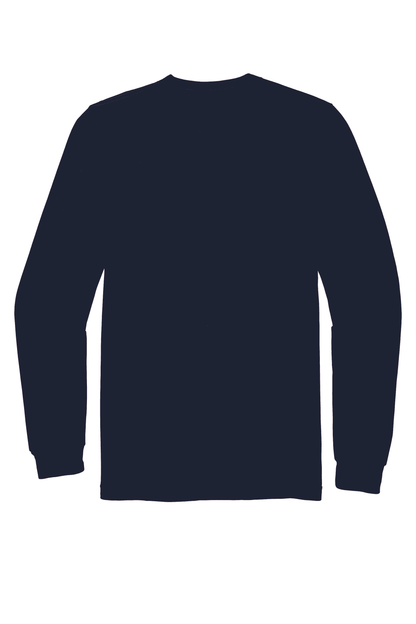 American Apparel unisex navy long sleeve jersey T-shirt, flat back view showcasing soft fabric and classic fit.