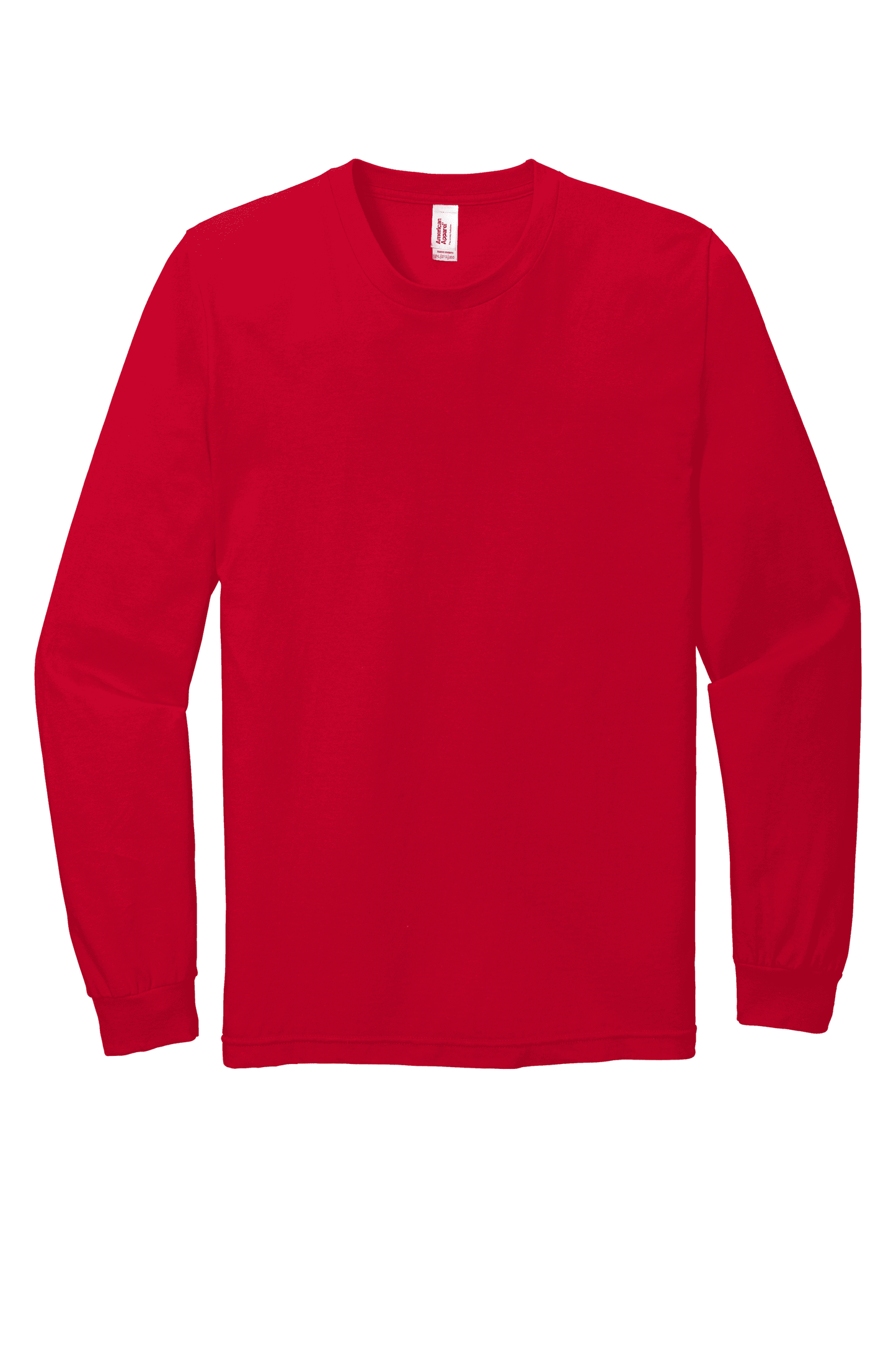 Red American Apparel unisex long sleeve jersey T-shirt from 2007, flat front view showing classic fit and soft fabric.