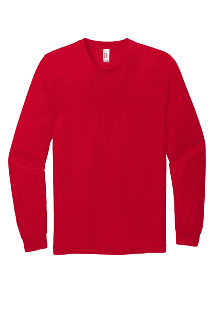 Red American Apparel unisex long sleeve jersey T-shirt from 2007, flat front view showing classic fit and soft fabric.