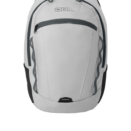OGIO Shuttle Pack bag in Harbor Grey and Silver with a flat front design, showing its sleek, durable travel and laptop bag features.