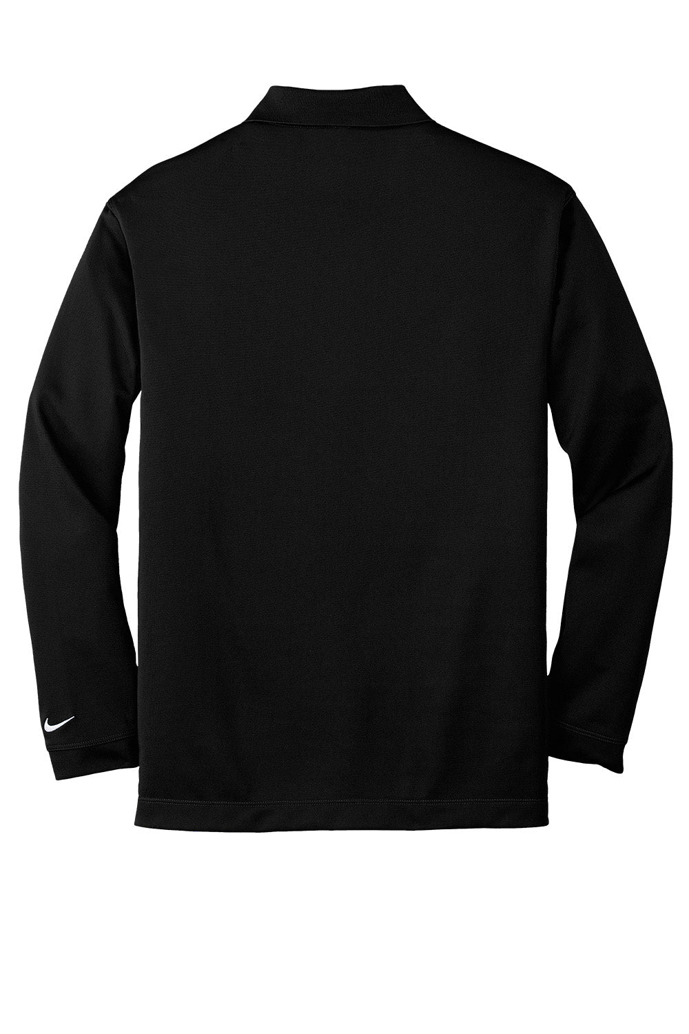 Black Nike Dri-FIT stretch men's long sleeve polo shirt, flat back view, designed for performance and comfort.