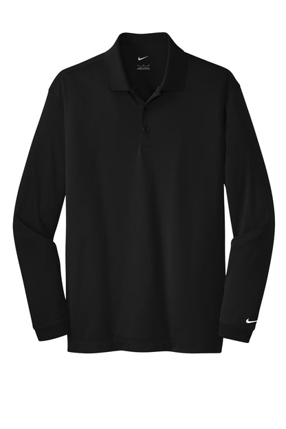 Black Nike Dri-FIT stretch men's long sleeve polo shirt with a flat front design.