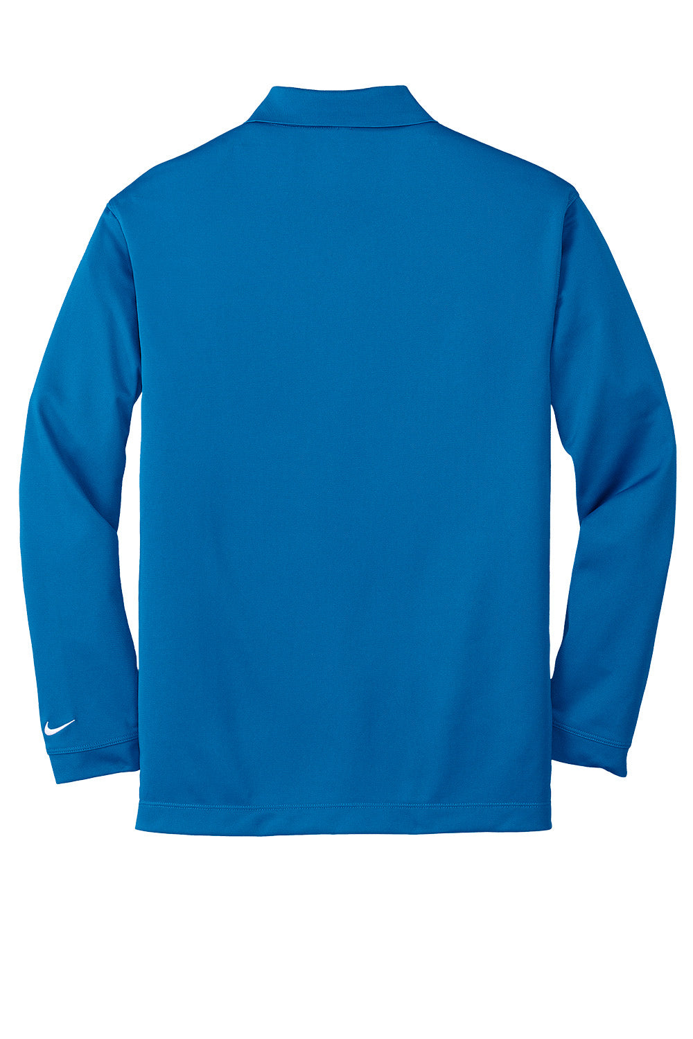 Men's Nike Dri-FIT stretch long sleeve polo shirt in blue sapphire, flat back view, designed for performance and comfort.