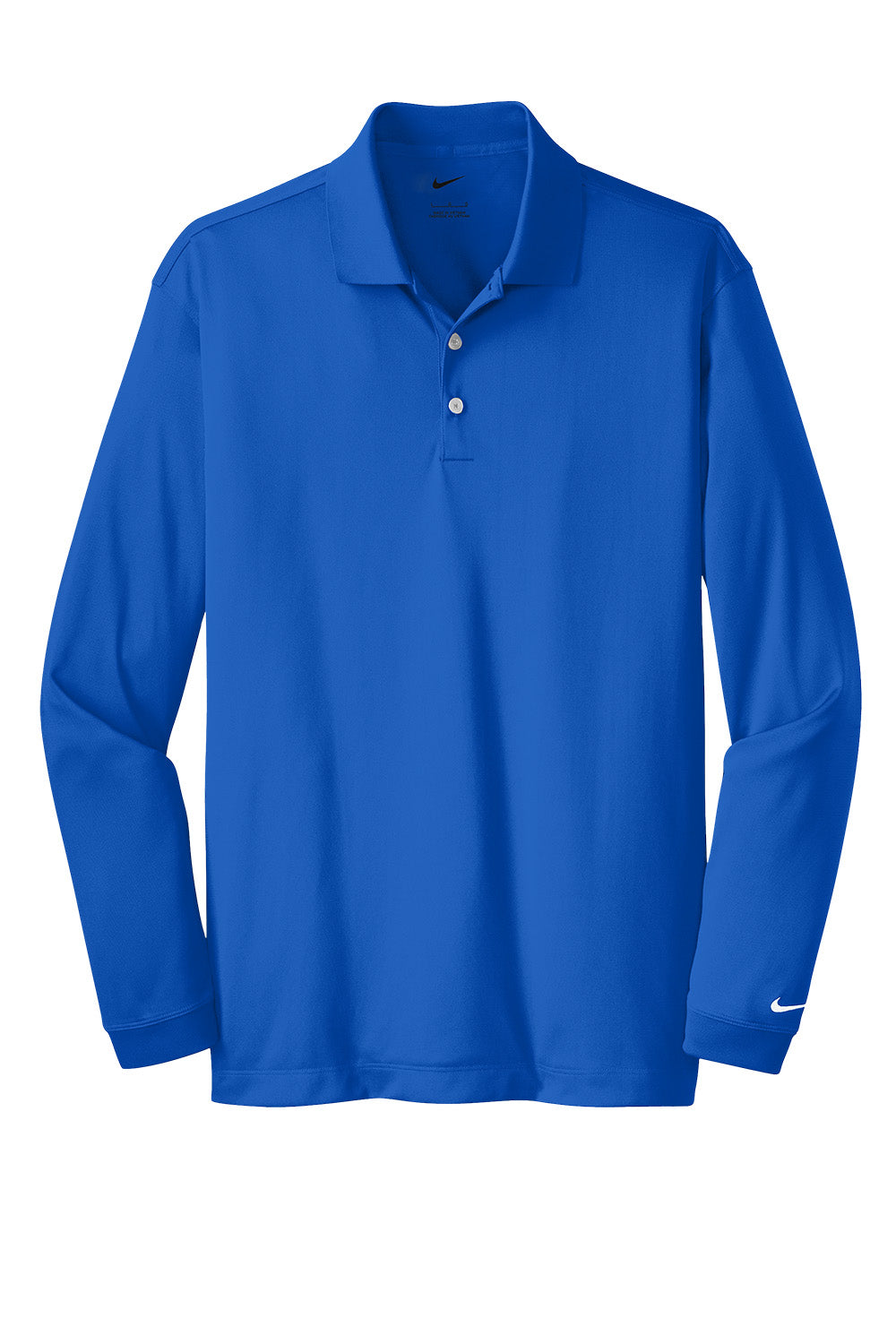 Men's Nike Dri-FIT stretch long sleeve polo shirt in blue sapphire, flat front view showing performance fabric and sleek design.