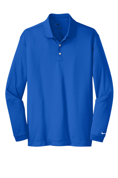 Men's Nike Dri-FIT stretch long sleeve polo shirt in blue sapphire, flat front view showing performance fabric and sleek design.