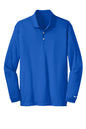 Men's Nike Dri-FIT stretch long sleeve polo shirt in blue sapphire, flat front view showing performance fabric and sleek design.